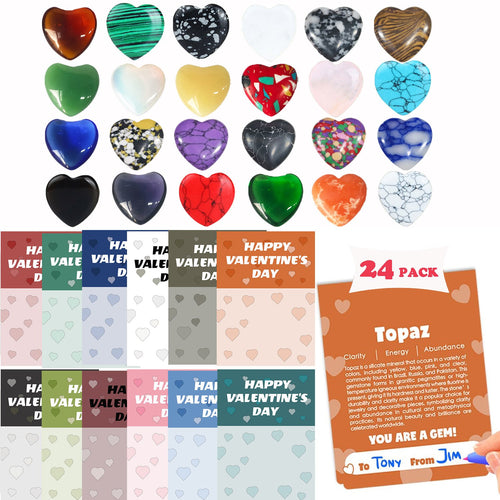 Valentine's Day Gem Gifts for Kids&Adults – 24 Pack Prefilled Cards with Heart-Shaped Gemstones